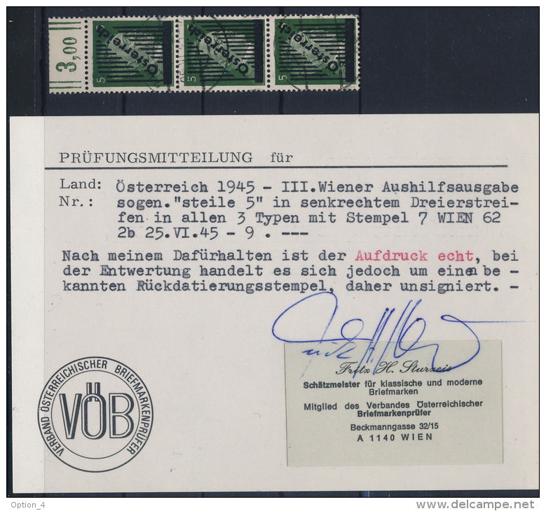 °Österreich Austria 1945 ANK 668 Iy+z+x Mi 668 Ib+c+a 13+14+15 Gitterlinien Attest Sturzeis Strip Streifen Used - Gebraucht