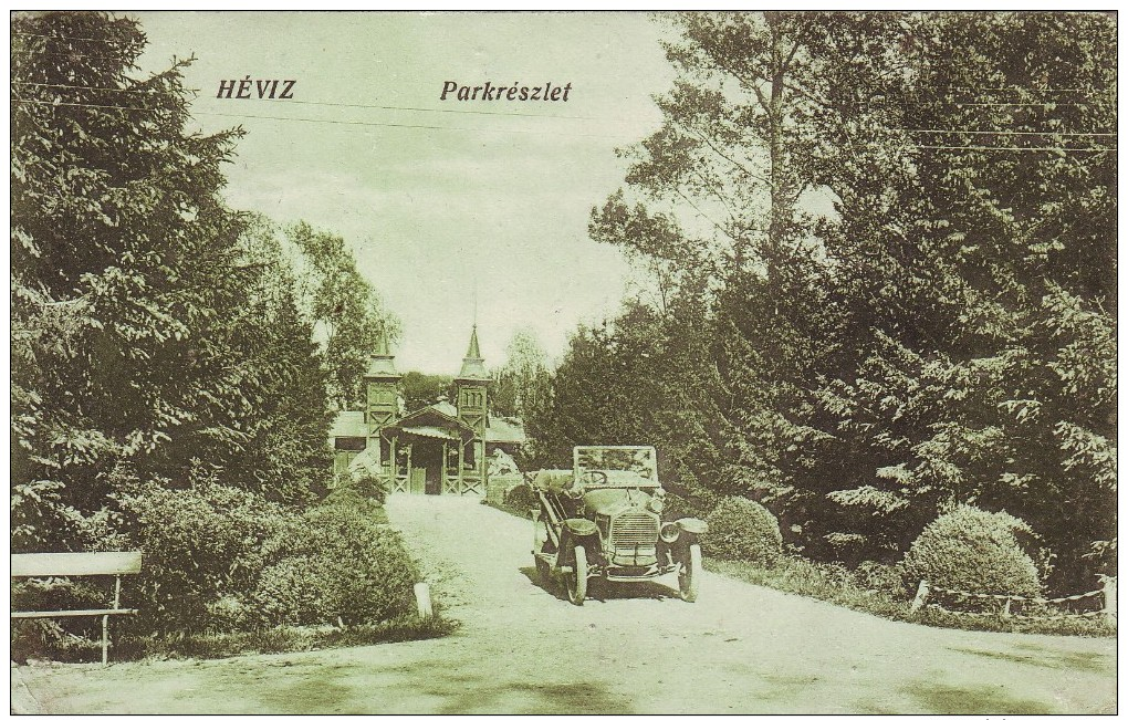 #3824 Hungary, Heviz Postcard Mailed 1921: Part Of The Park, Automobile - Hongrie