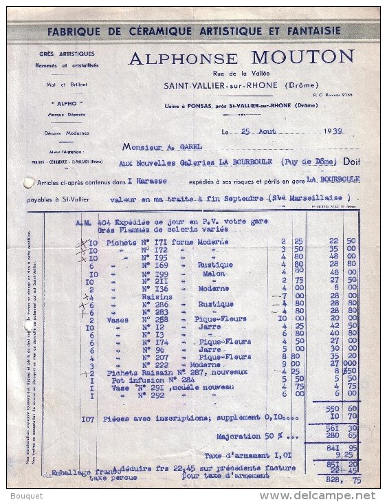 DRÔME - SAINT VALLIER SUR RHÔNE - CERAMIQUE ARTISTIQUE ET FANTAISIE - ALPHONSE MOUTON - FACTURE + MANDAT - 1939 - 1900 – 1949