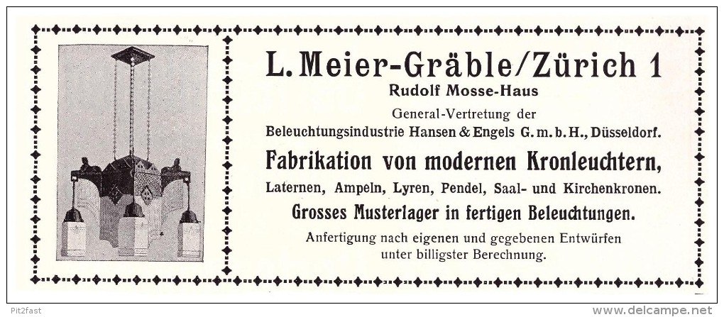 Original Werbung - 1914 - L. Meier-Gräble In Zürich , Rudolf Mosse Haus , Kronleuchter , Lampen !!! - Luminaires & Lustres