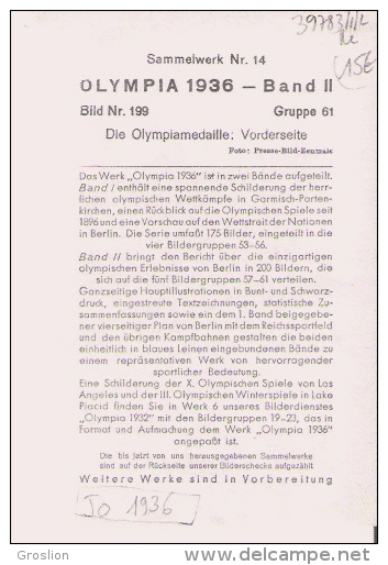 JEUX OLYMPIQUES  DE BERLIN 1936 IMAGE DELA MEDAILLE OLYMPIQUE - Autres & Non Classés