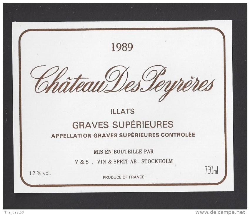 Etiquette De Vin   -  Chateau Des Peyrères  -   Graves Supérieures   - 1989 - Bordeaux