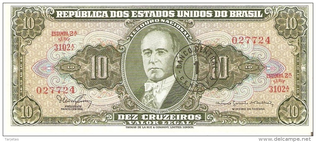 BILLETE DE BRASIL DE 10 CRUZEIROS RESELLO 1 CENTAVO EN CALIDAD EBC++ (BANKNOTE) - Brazilië