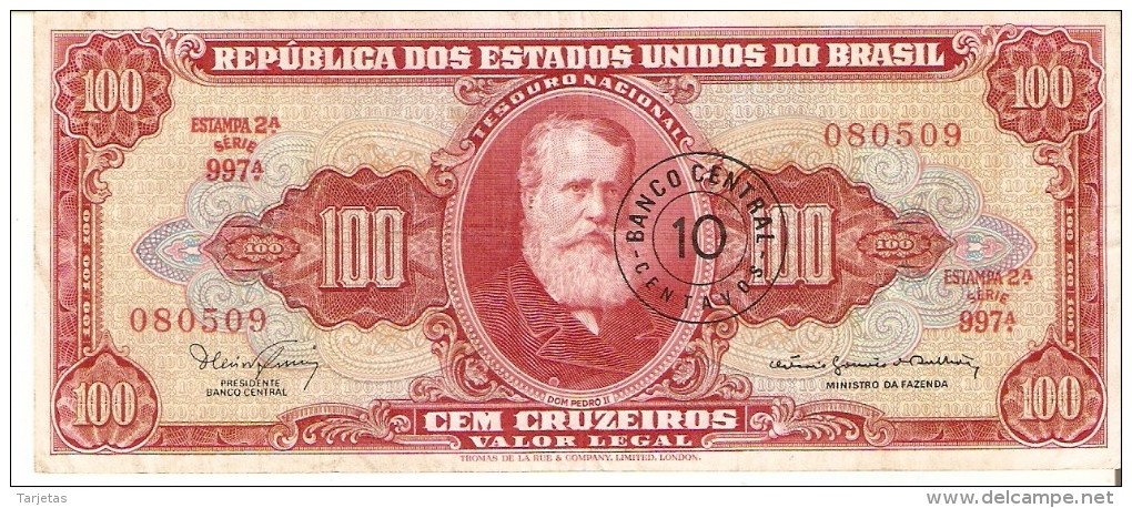 BILLETE DE BRASIL DE 100 CRUZEIROS CON RESELLO 10 CENTAVOS DEL AÑO 1966-67 (BANKNOTE) - Brasil