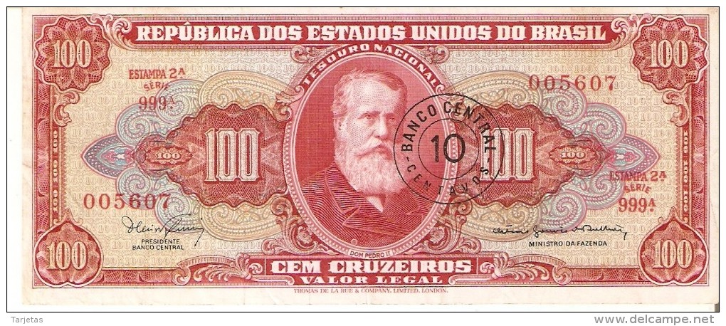 BILLETE DE BRASIL DE 100 CRUZEIROS CON RESELLO 10 CENTAVOS DEL AÑO 1966-67 (BANKNOTE) - Brazilië