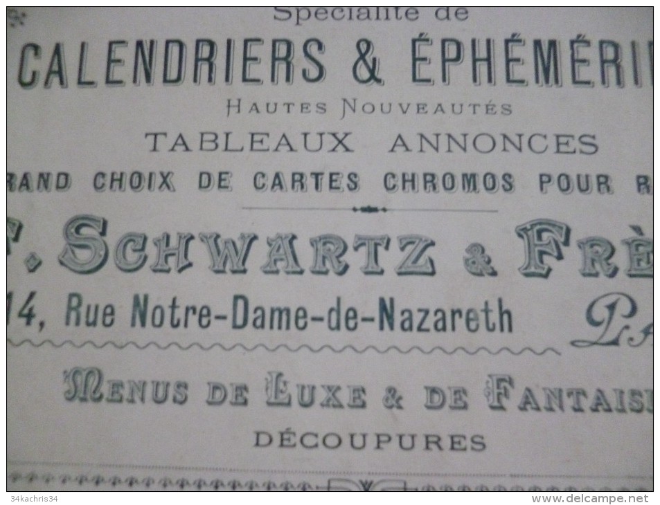 Rare Chromo Publicitaire 19 ème Schwartz Et Frères Paris. Fabricant De Calendriers, éphémérides, Chromos, Menus De Luxe - Andere & Zonder Classificatie