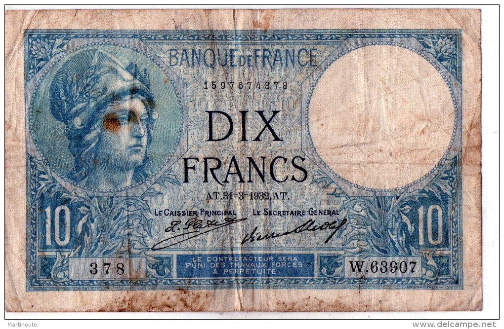 - BILLET De 10 FR Minerve 31 3 1932 - état Plié  - 546 - 10 F 1916-1942 ''Minerve''