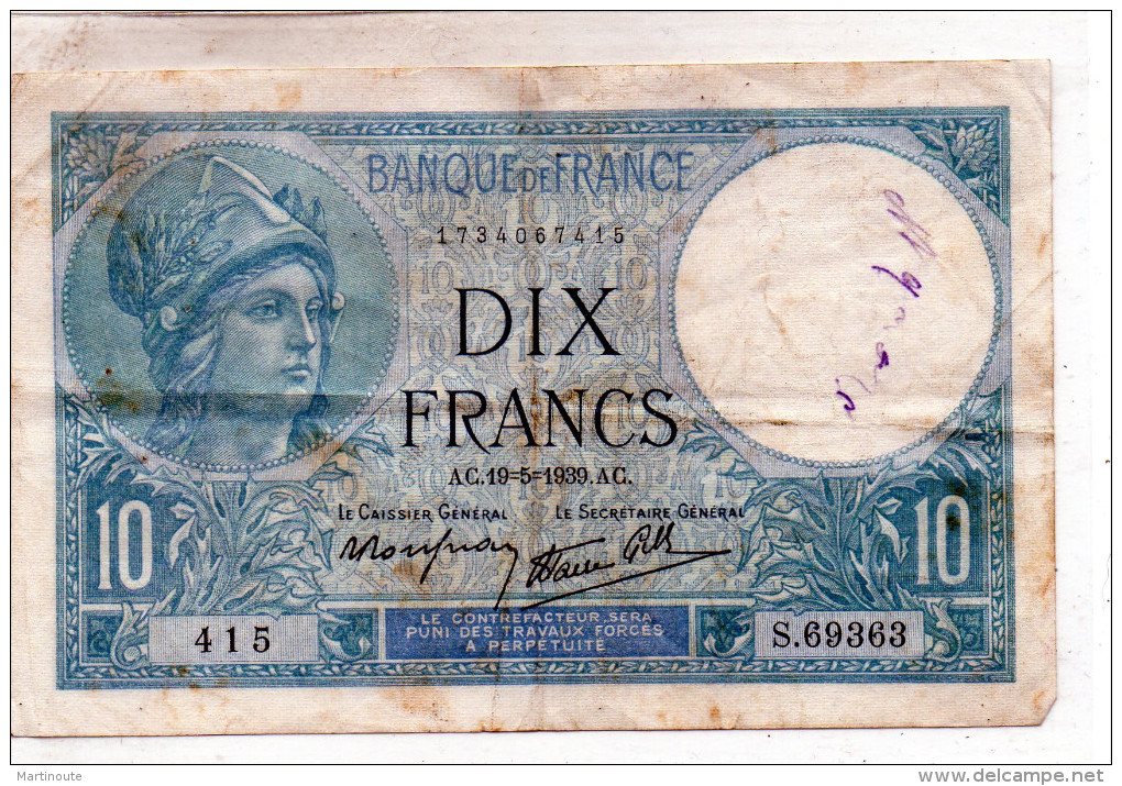 - BILLET De 10 FR Minerve 19 5 1939 - état Plié  - 548 - 10 F 1916-1942 ''Minerve''