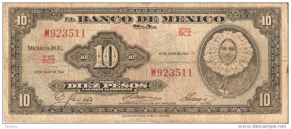 BILLETE DE MEXICO DE 10 PESOS DEL AÑO 1967   (BANKNOTE) - Mexique