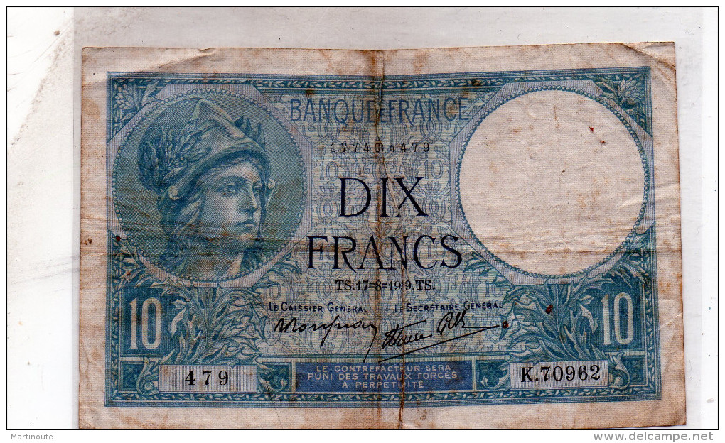 - BILLET De 10 FR Minerve 17 8 1939 - état Plié Et Scotché   - 552 - 10 F 1916-1942 ''Minerve''