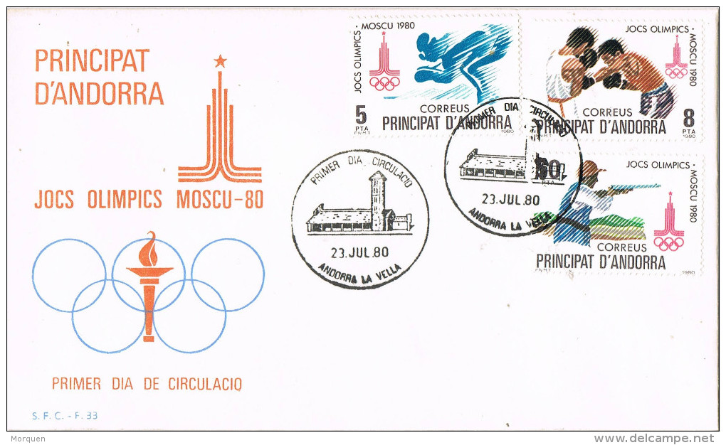 11622. Carta F.D.C. ANDORRA Española 1980. Juegos Olimpicos, Olimpiadas Moscú, SKI, Boxe, Tiro - Lettres & Documents