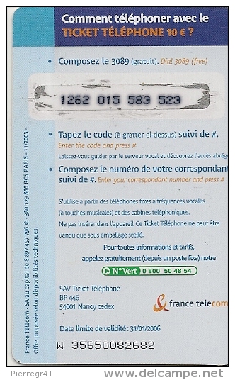 TICKET TELEPONE-10€-INTERNATION N AL-31/01/2006-T BE - FT Tickets
