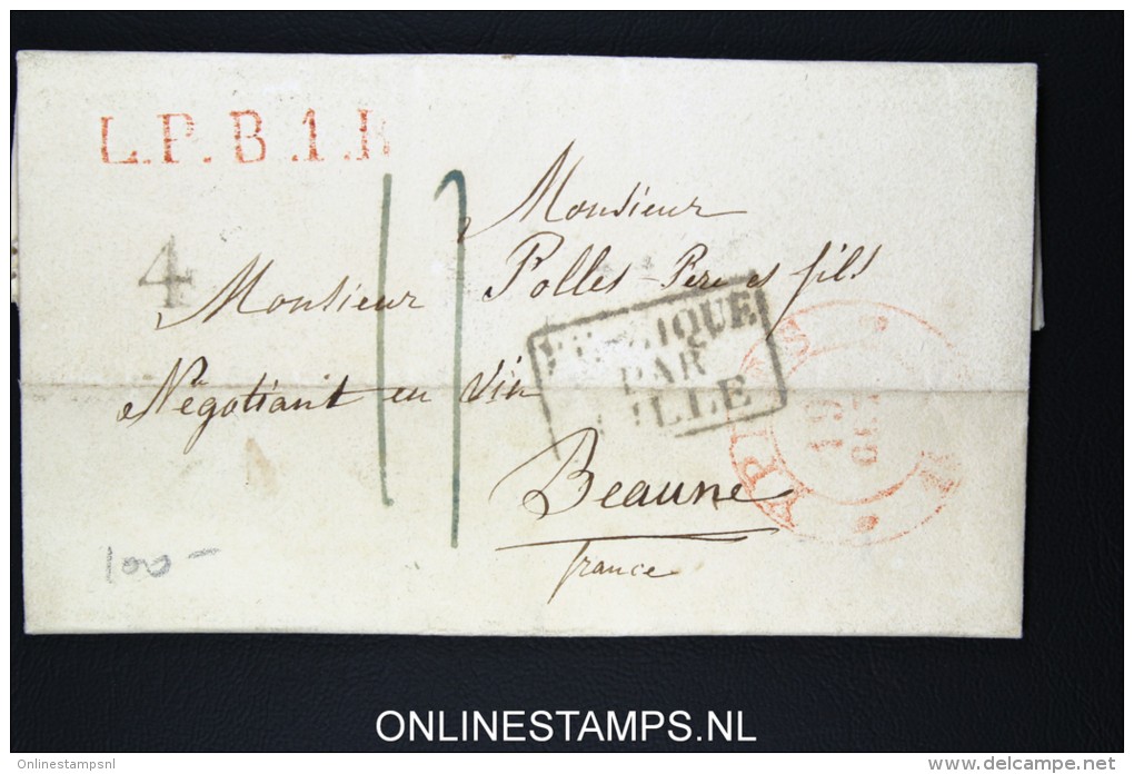 Belgium: Letter Ypres To Beaune, 1834, Ieper, LPB1R In Red  , Belgique Par Lille - 1830-1849 (Unabhängiges Belgien)