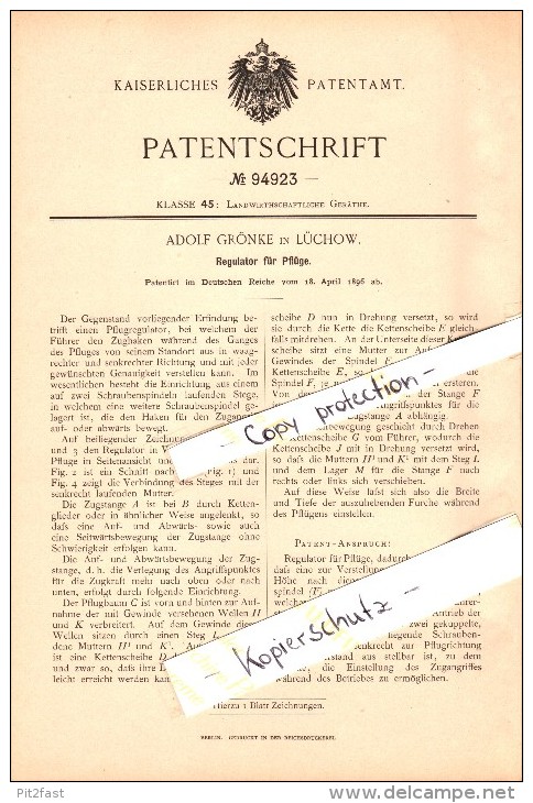 Original Patent - Adolf Grönke In Lüchow , 1896 , Regulator Für Pflüge , Landwirtschaft !!! - Lüchow