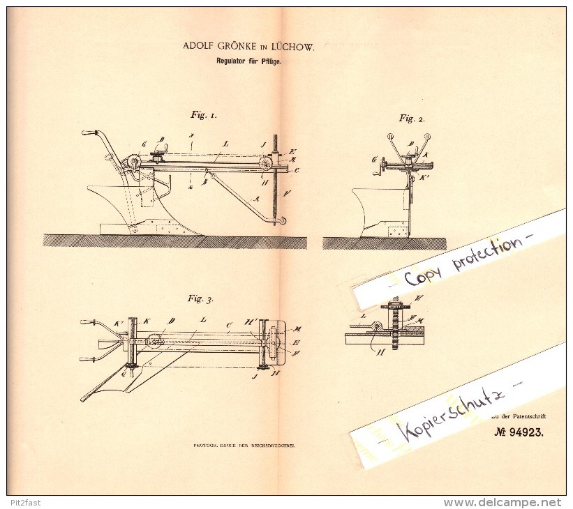 Original Patent - Adolf Grönke In Lüchow , 1896 , Regulator Für Pflüge , Landwirtschaft !!! - Lüchow