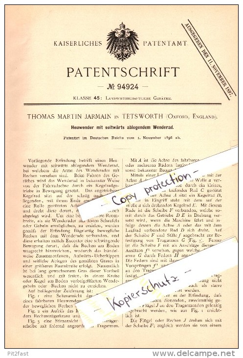 Original Patent - T.M. Jarmain In Tetsworth , Thame , 1896 , Tedder , Agriculture ,  Oxfordshire !!! - Other & Unclassified
