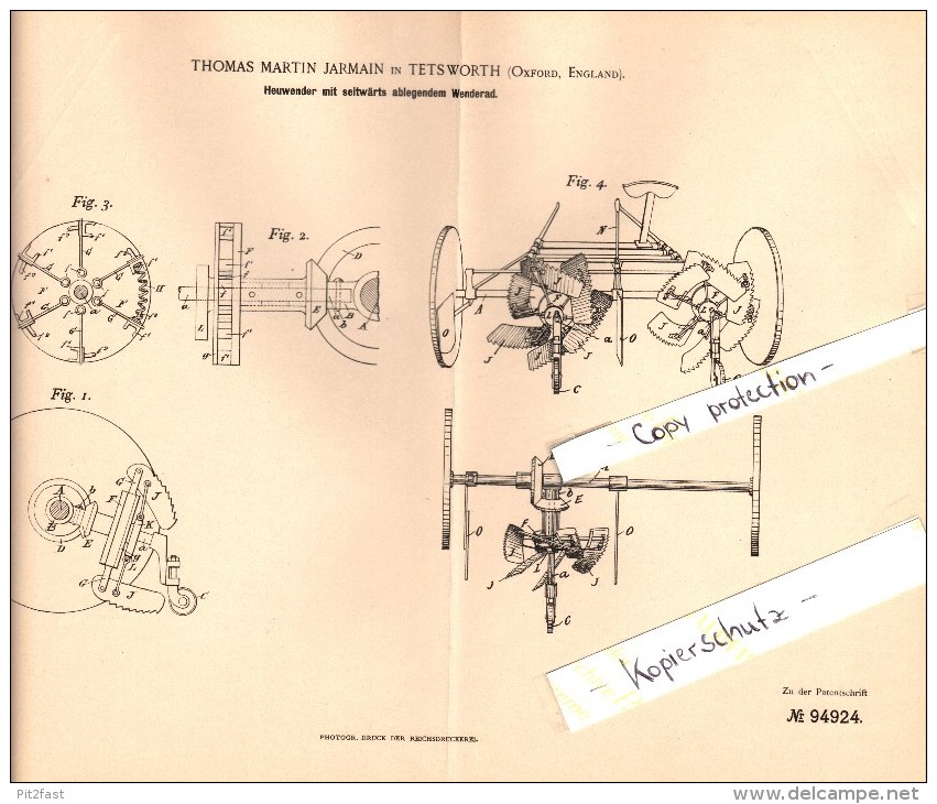 Original Patent - T.M. Jarmain In Tetsworth , Thame , 1896 , Tedder , Agriculture ,  Oxfordshire !!! - Other & Unclassified