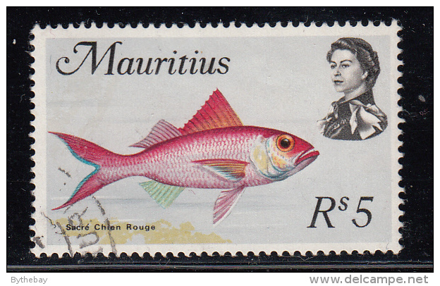 Mauritius Used Scott #355a 5r Sacre Chien Rouge Fish, Wmk Scott 314: Multiple St Edward´s Crown, CA Sideways - Maurice (1968-...)