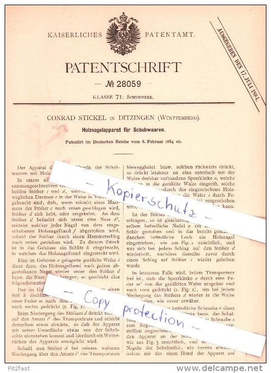 Original Patent - C. Stickel In Ditzingen , Württemberg , 1884 , Holznagelapparat Für Schuhwaaren !!! - Ditzingen