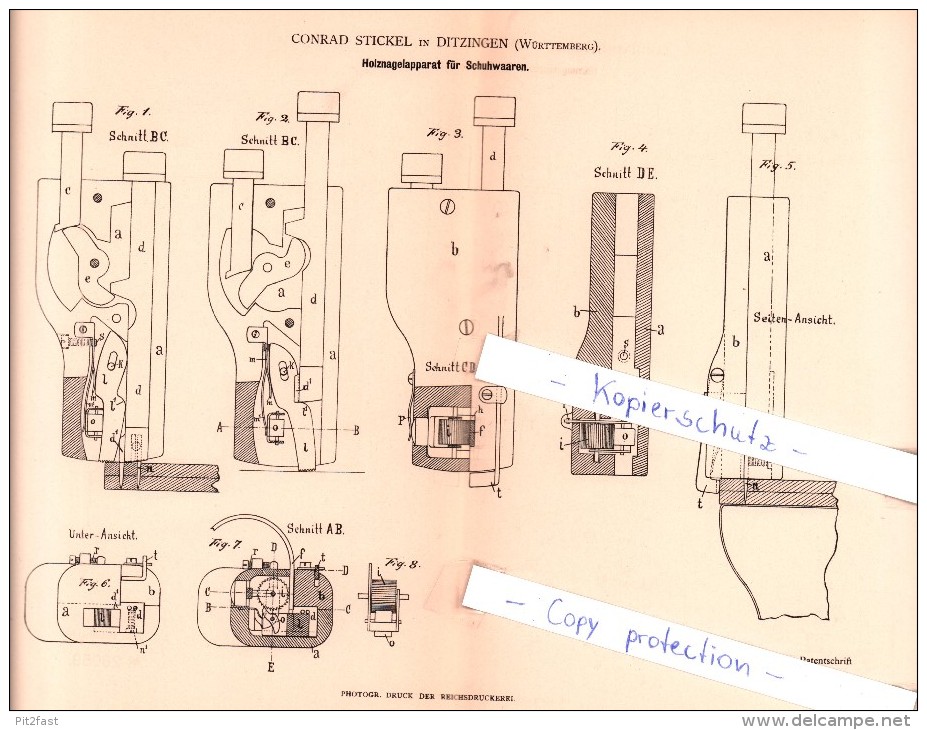 Original Patent - C. Stickel In Ditzingen , Württemberg , 1884 , Holznagelapparat Für Schuhwaaren !!! - Ditzingen