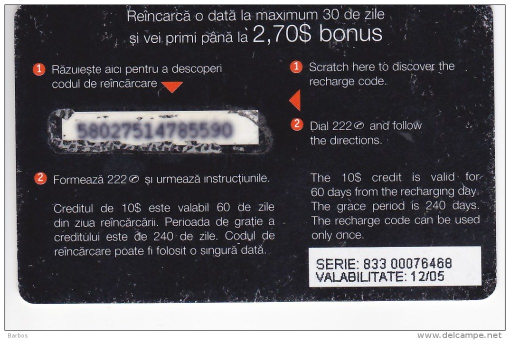 Romania ,  Prepaid Phonecard -  Orange  , 9$ ,  Used - Rumania