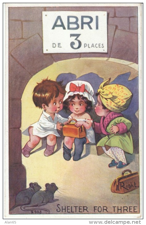 Right Artist Signed, 'Abri De 3 Place' Shelter For Three, Children Shelter, Humor Romance, C1930s(?) Vintage Postcard - Right