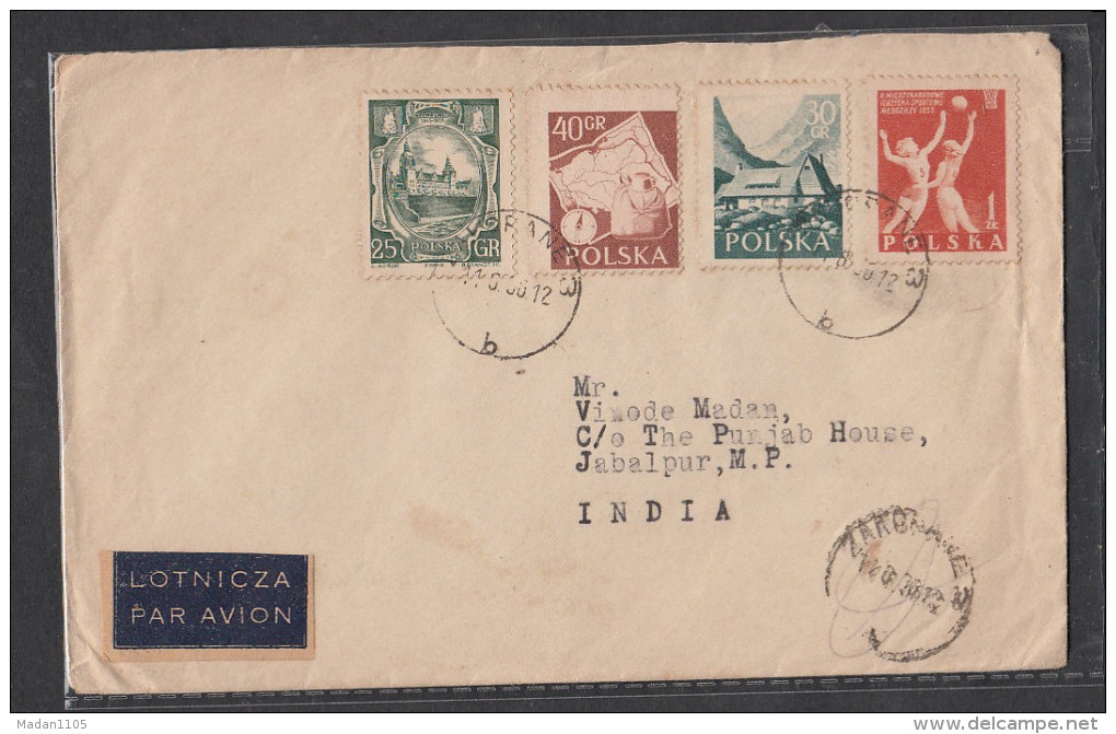 POLAND, Postally Used Airmail From Poland To India, 4 V, Sport, House, Castle, Map - Unclassified