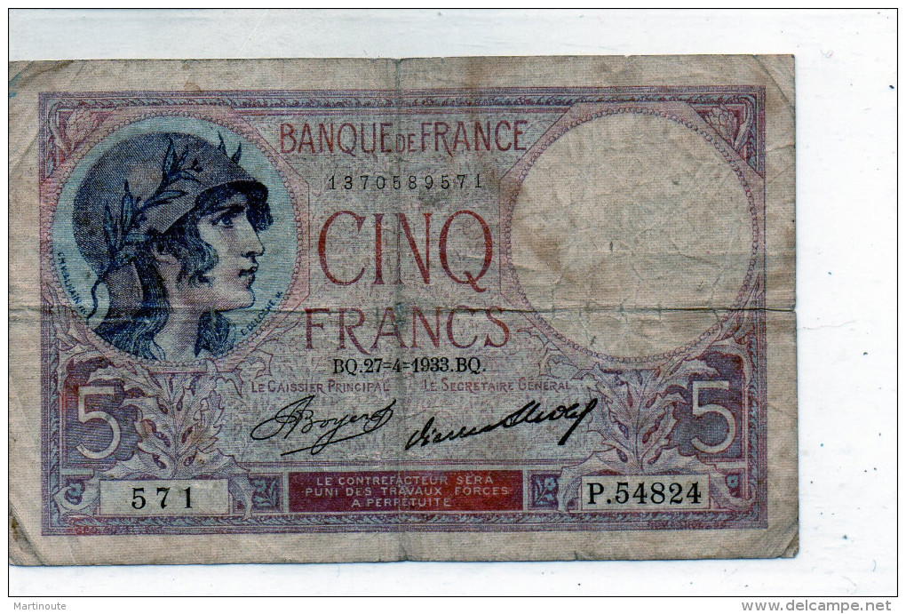 -  BILLET De CINQ Fr Violet 27 4 1933  Plié - 554 - 5 F 1917-1940 ''Violet''