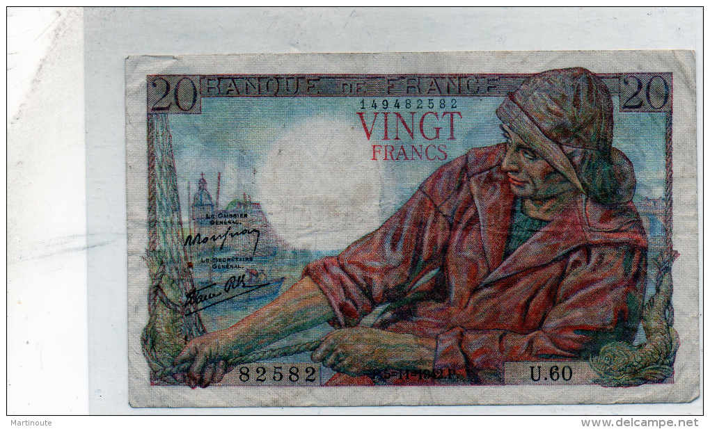 -  BILLET De 20 Francs Pêcheur - 5 11 1942  - Plié - 567 - 20 F 1942-1950 ''Pêcheur''