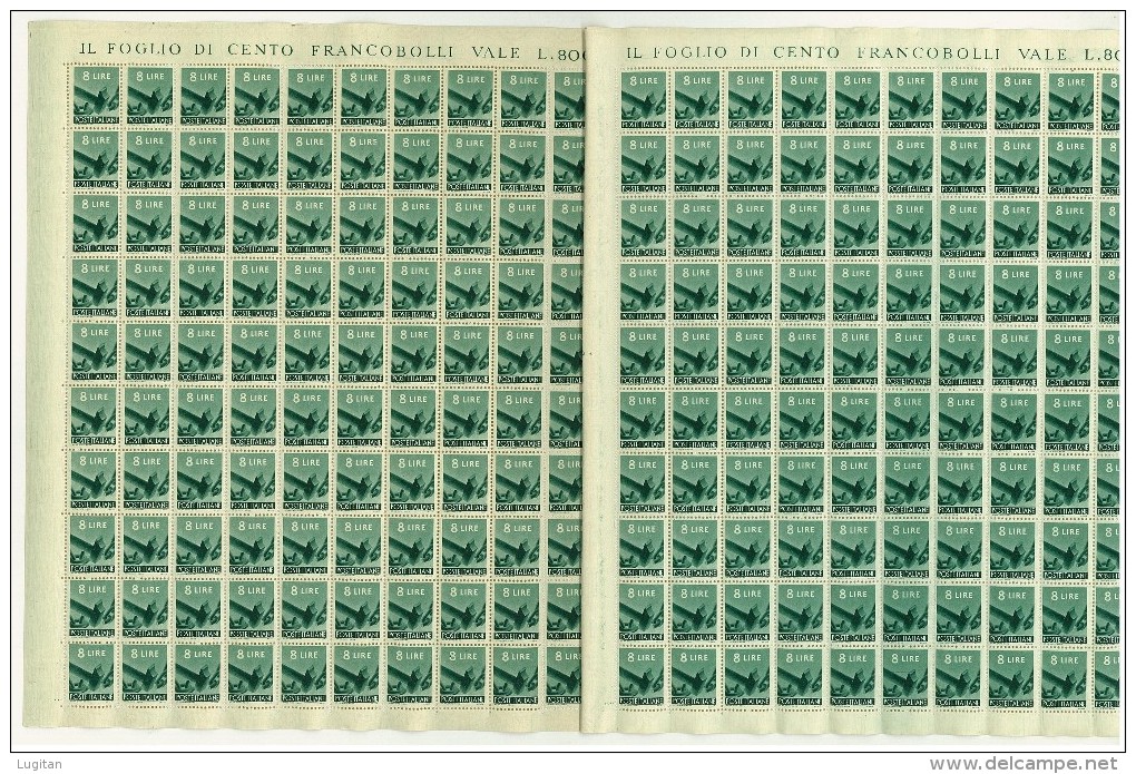 DEMOCRATICA - 8 LIRE 2 FOGLI INTERI CON INTERSPAZIO - 200 ESEMPLARI - NUOVI MNH ** SASS. 557 - TAV III E IV - Fogli Completi