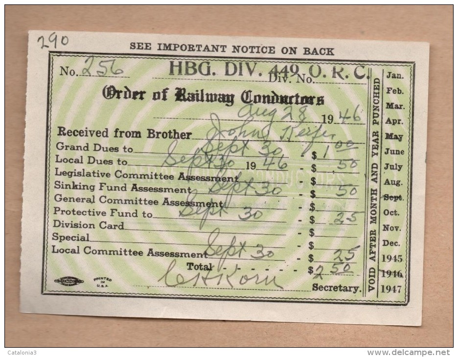 Documento Antiguo - ORDER OF RAIROAD CONDUCTORS 1946 - Cheques & Traverler's Cheques