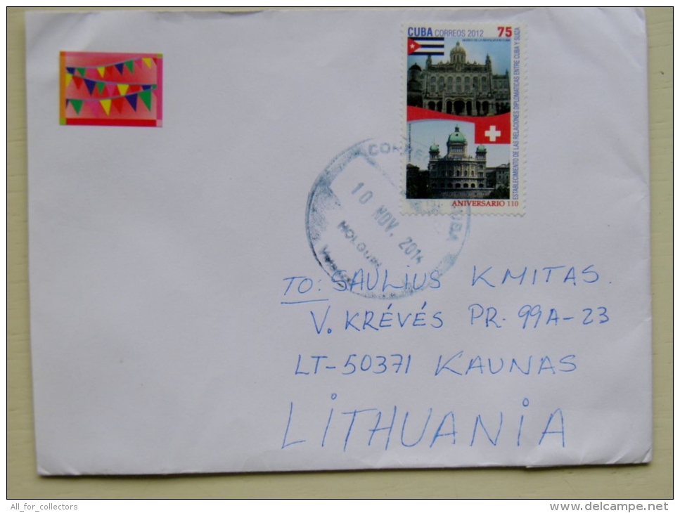 Cover From Kuba To Lithuania On 2014 Diplomatic With Switzerland Suisse Flag - Brieven En Documenten
