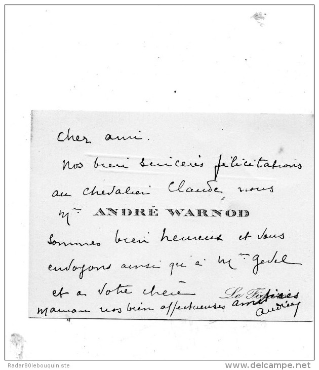 André WARNOD.Carte Autographe Signée  .envoi à Claude Gével.(né Weill ) - Autres & Non Classés