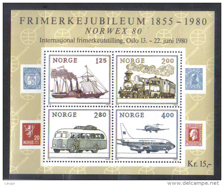 Norway Mi Bl 3  Stamp Exhibition NORWEX , Transport Train Aeroplane  Ship   Sheet   1980  MNH - Hojas Bloque