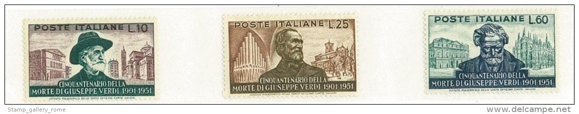 ITALIA REPUBBLICA - SERIE COMPLETA GIUSEPPE VERDI 3 VALORI -GOMMA INTEGRA MNH ** - NUOVI - ANNO 1951 S. 677/679 - 1946-60: Nuovi
