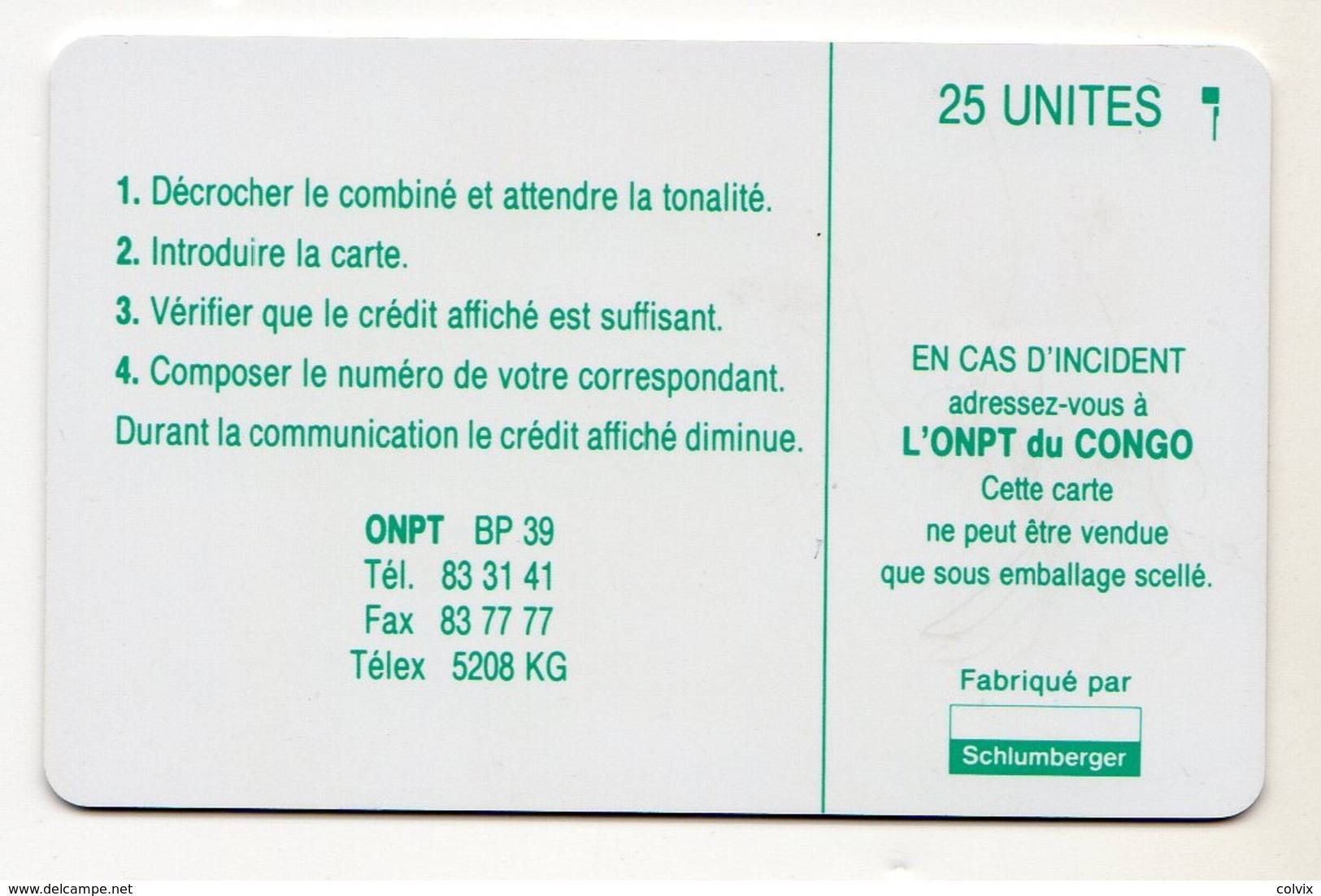 CONGO REPUBLIQUE ONPT REF MV CARDS CNR-2  SC5  25 U - Congo