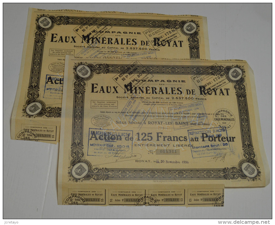 2 Titres, Cie Des Eaux Minerales De Royat Les Bains, Puy De Dome - Acqua