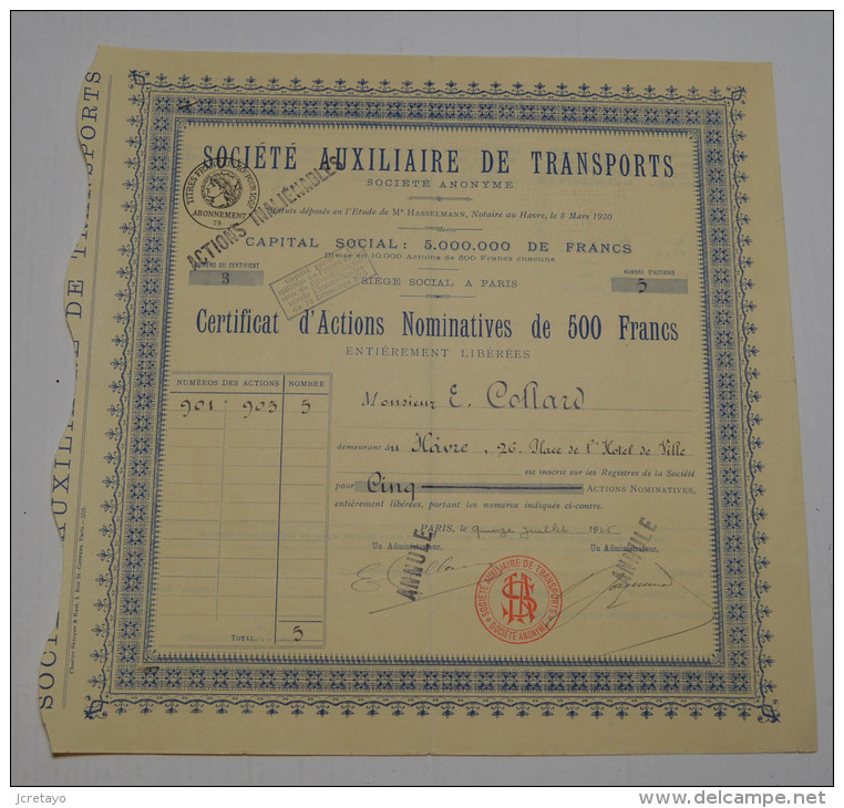 Sté Auxiliaire De Transports, Certificat établi à Collard - Automobile