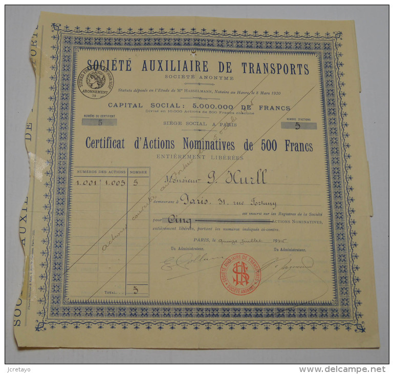 Sté Auxiliaire De Transports, Certificat établi à Kurll - Automobile