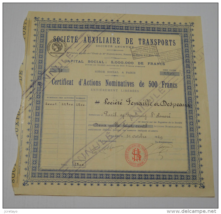 Sté Auxiliaire De Transports, Certificat établi à Tenaille Et Despeaux - Automobile