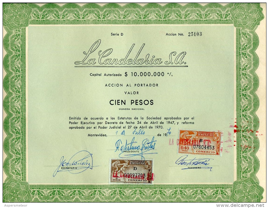 URUGUAY ACCIONES TITULOS SHAREHOLDING TITRES WITH ESTAMPILLAS TIMBRES STAMPS CIEN PESOS Nº 25103 AÑO 1970 TBE GECKO - Industrie