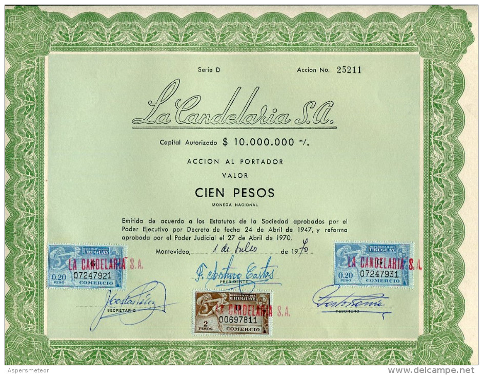 URUGUAY ACCIONES TITULOS SHAREHOLDING TITRES WITH ESTAMPILLAS TIMBRES STAMPS CIEN PESOS Nº 25211 AÑO 1970 TBE GECKO - Industrie