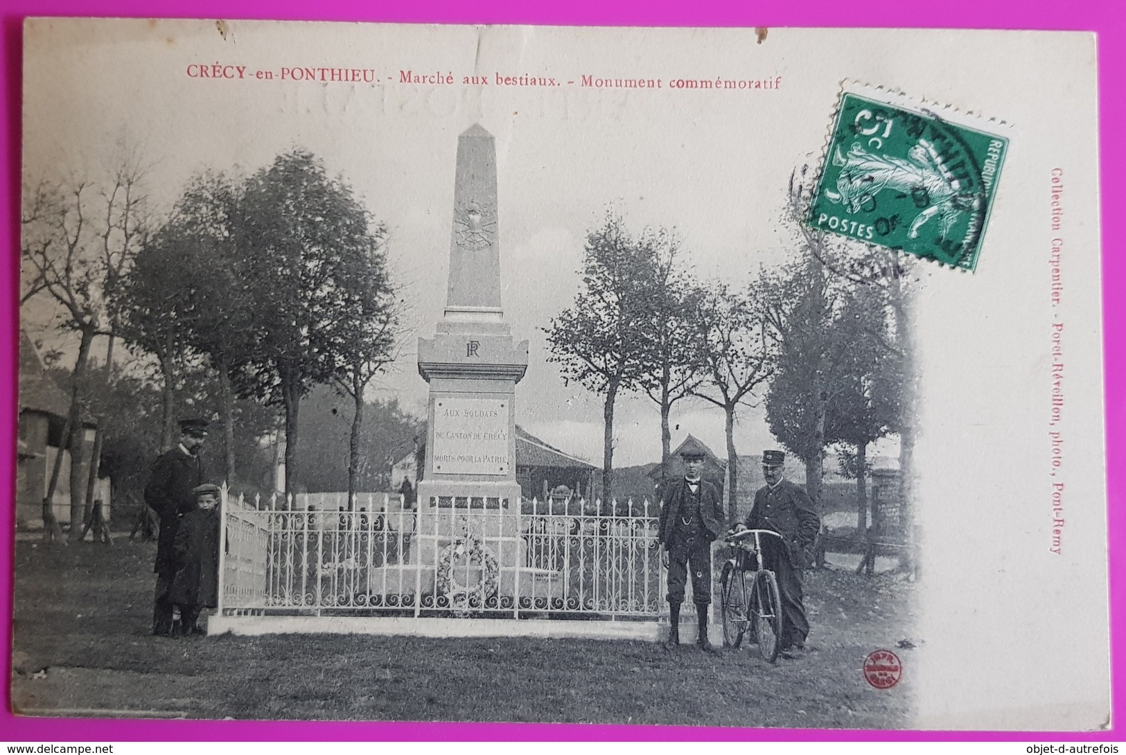 Cpa Crécy En Ponthieu Marché Au Bestiaux Monument Aux Morts 1908 Carte Postale 80 Picardie Proche Abbeville Nouvion - Crecy En Ponthieu