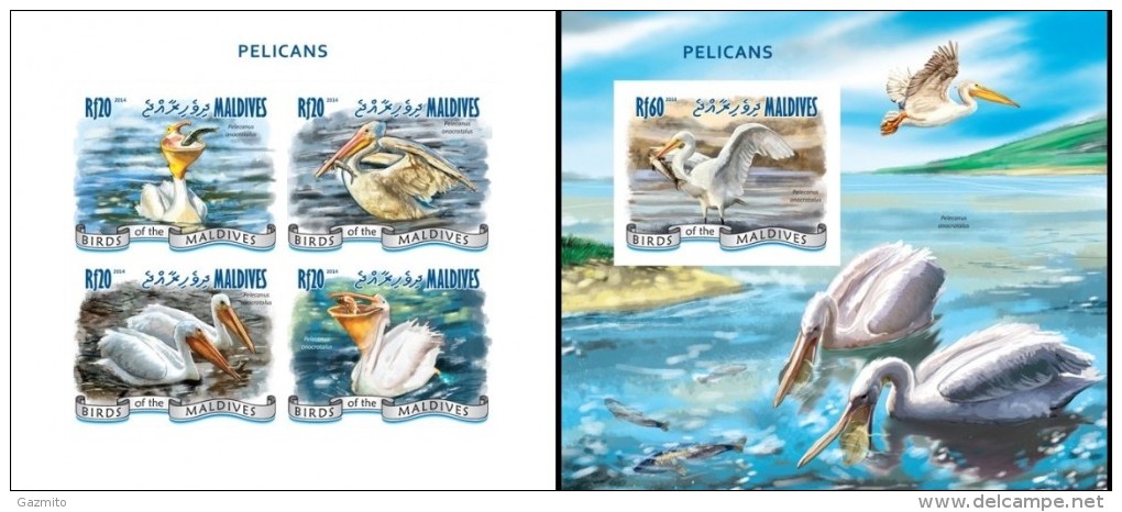 Maldives 2014, Pelicans, Fishes, 4val In BF +BF IMPERFORATED - Pélicans