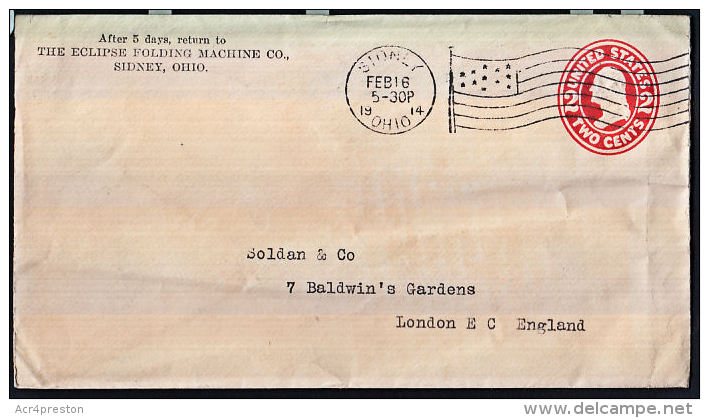 A0365 USA 1914, Pre-paid Cover From Sidney, Ohio To England - 1901-20