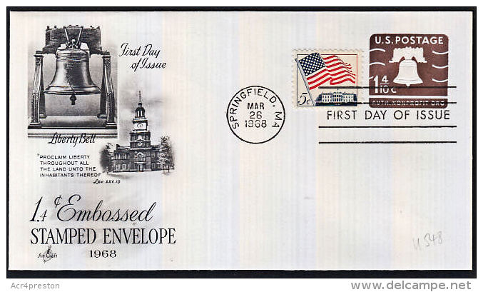 B0480 USA 1968, Pre-paid Cover, '1.4c Embossed Stamped Envelope' FDC, Springfield - 1961-80
