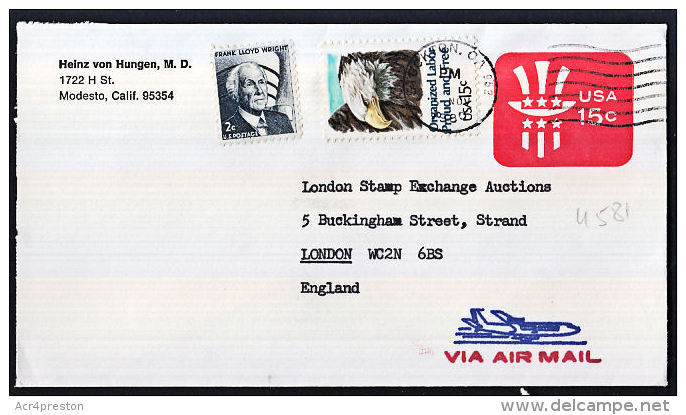 B0495 USA 1980, 15c Pre-paid Cover, Airmail To England - 1961-80