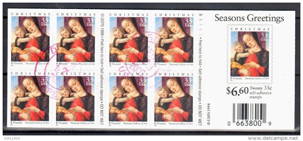United States 1999 Madonna And Child - Sc # 3355 - Mi.3215 - Booklet Pane Of 20 - Used - 1981-...
