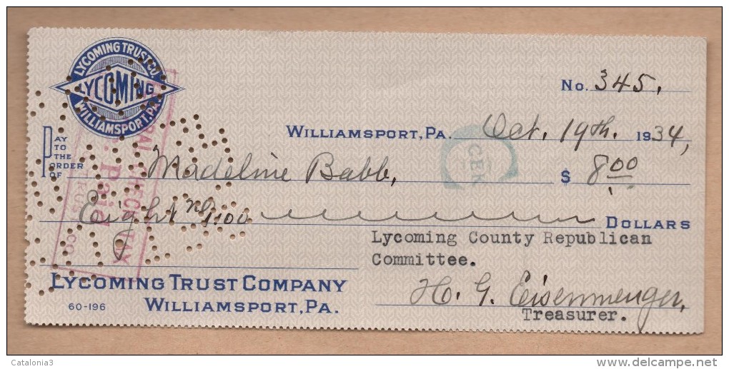 Documento Antiguo - CHEQUE TALON - WILLIAMSPORT, PA  1934 - Cheques & Traverler's Cheques