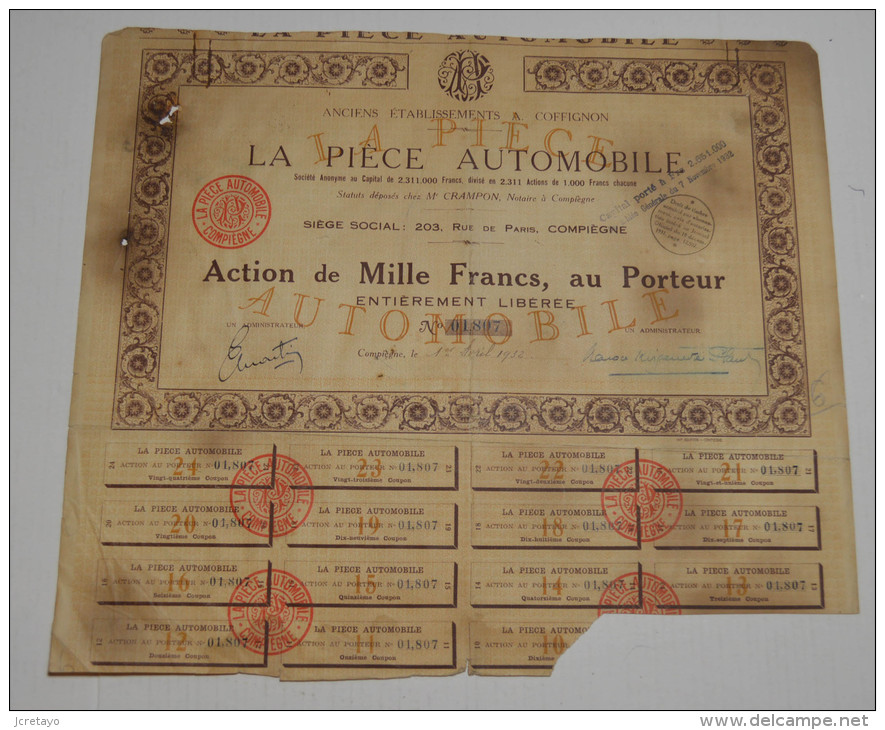 La Piece Automobile, Anct Coffignon à Compiegne (tres Rare Mais Tachée) - Automobile